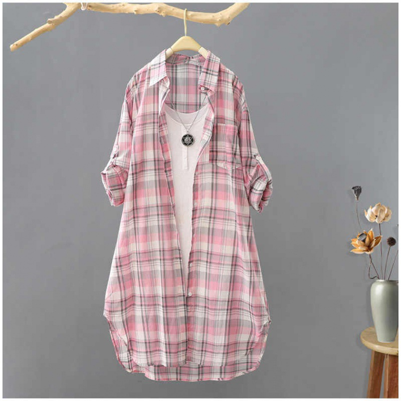 Robe midi femme – Coupe ample – Coton léger – Carreaux – Boutonnée devant