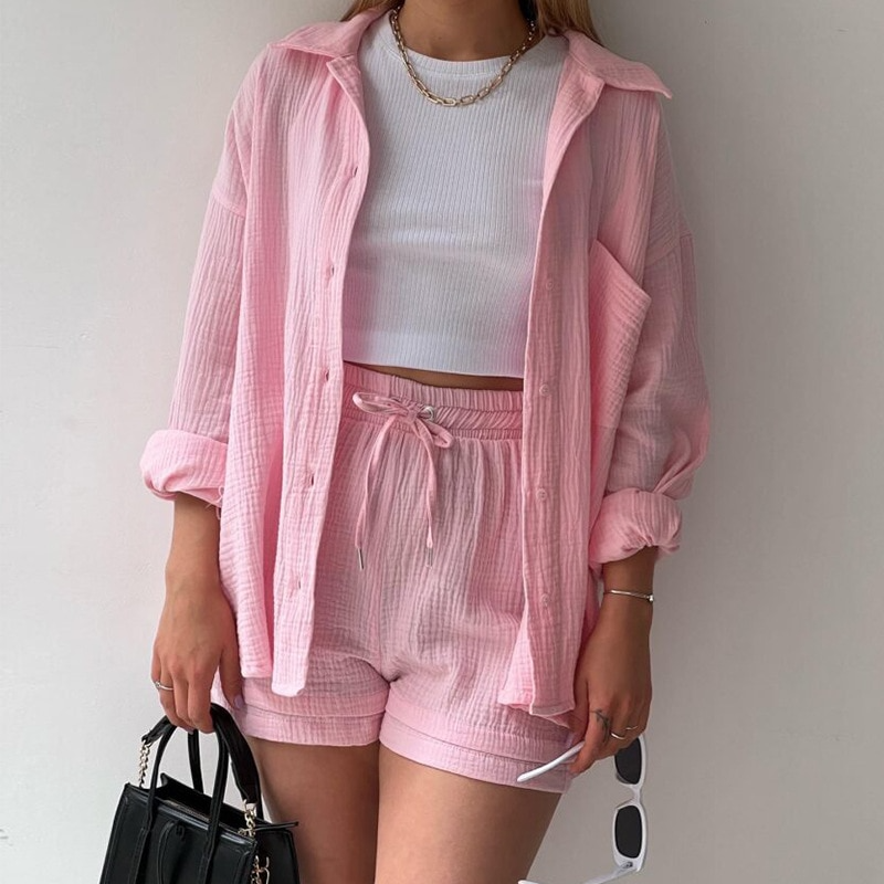 Ensemble Deux Pièces Femme - Chemise Manches Courtes - Short Taille Élastique - Tissu Léger et Confortable