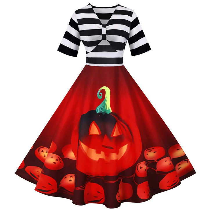 Robe midi femme – Coupe évasée fluide – Décolleté ajouré – Haut à rayures – Jupe imprimée