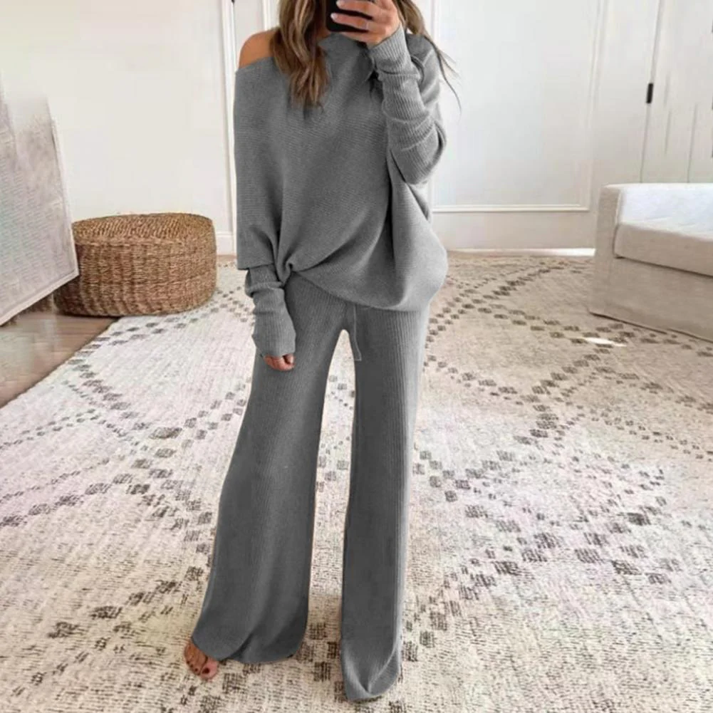 Ensemble Femme Loungewear – Coupe Oversize – Top Épaule Dénudée – Pantalon Large