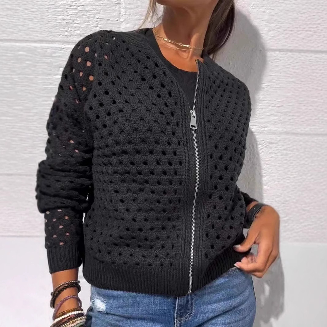 Veste femme en maille – Coupe décontractée – Maille ajourée – Fermeture zippée