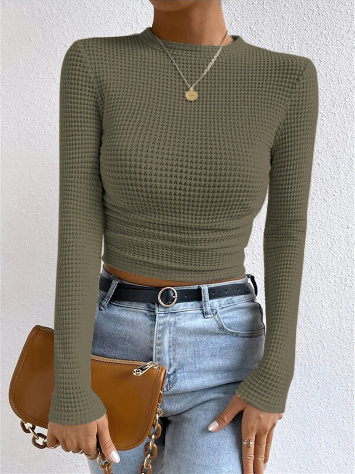 Sweatshirt femme – Coupe slim – Maille gaufrée – Court – Manches longues – Col montant