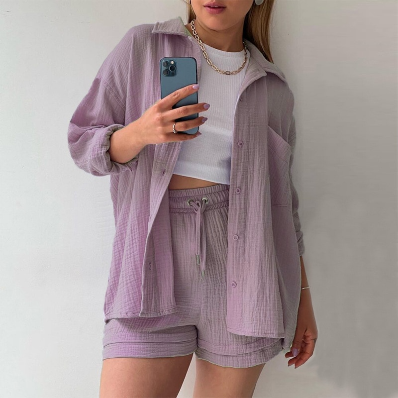 Ensemble Deux Pièces Femme - Chemise Manches Courtes - Short Taille Élastique - Tissu Léger et Confortable