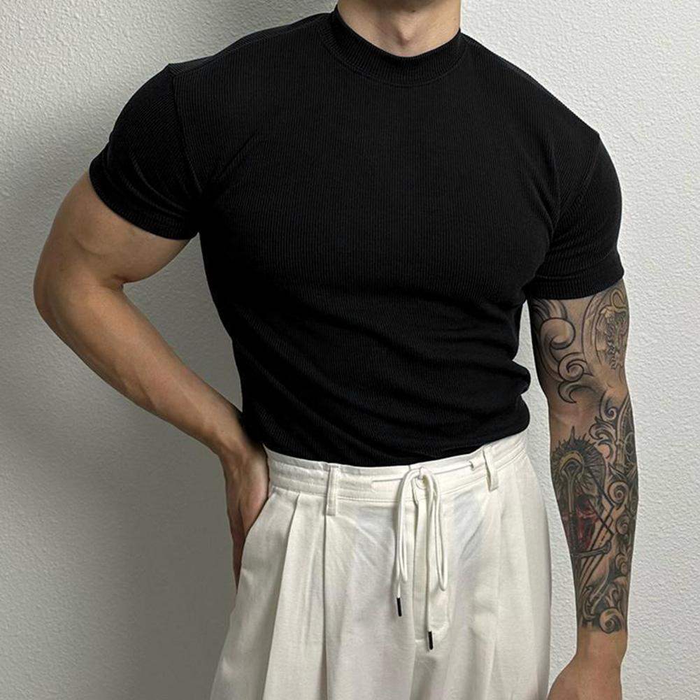 T-shirt Ajusté Homme - Maille Côtelée Respirante - Manches Courtes - Col Montant