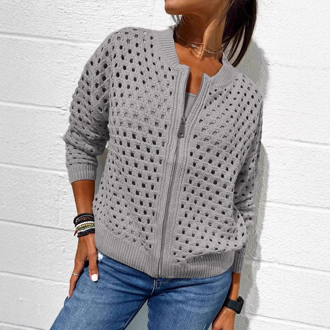 Veste femme en maille – Coupe décontractée – Maille ajourée – Fermeture zippée