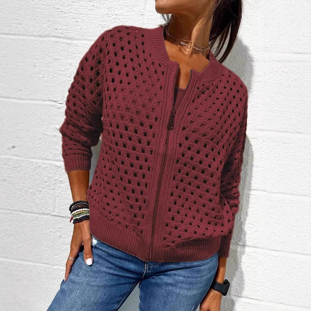 Veste femme en maille – Coupe décontractée – Maille ajourée – Fermeture zippée