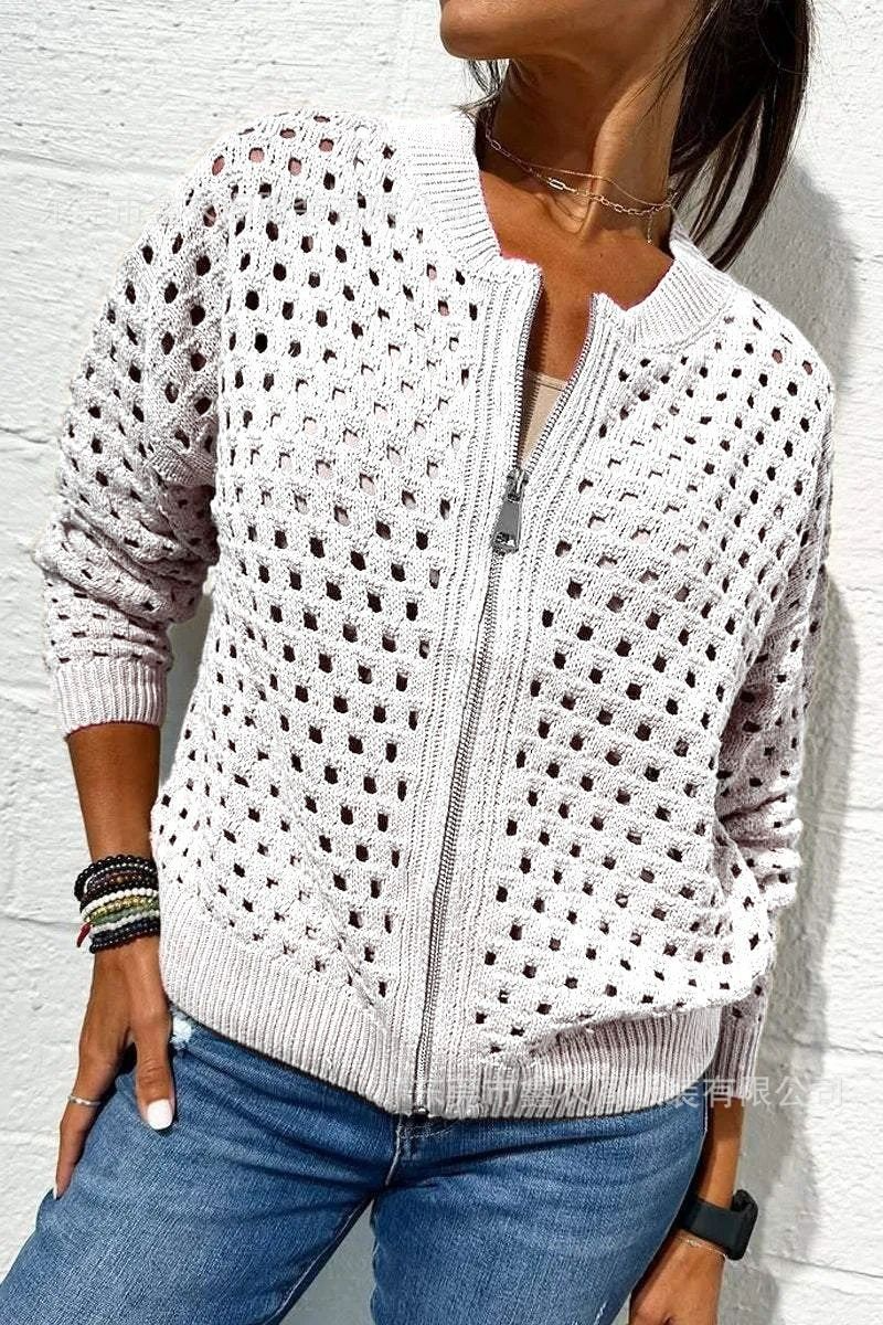 Veste femme en maille – Coupe décontractée – Maille ajourée – Fermeture zippée