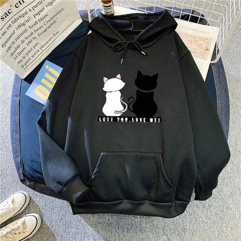 Sweat à capuche femme – Coupe oversize – Polaire douce – Motif chat cartoon