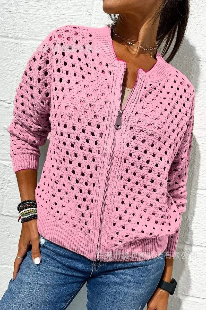 Veste femme en maille – Coupe décontractée – Maille ajourée – Fermeture zippée