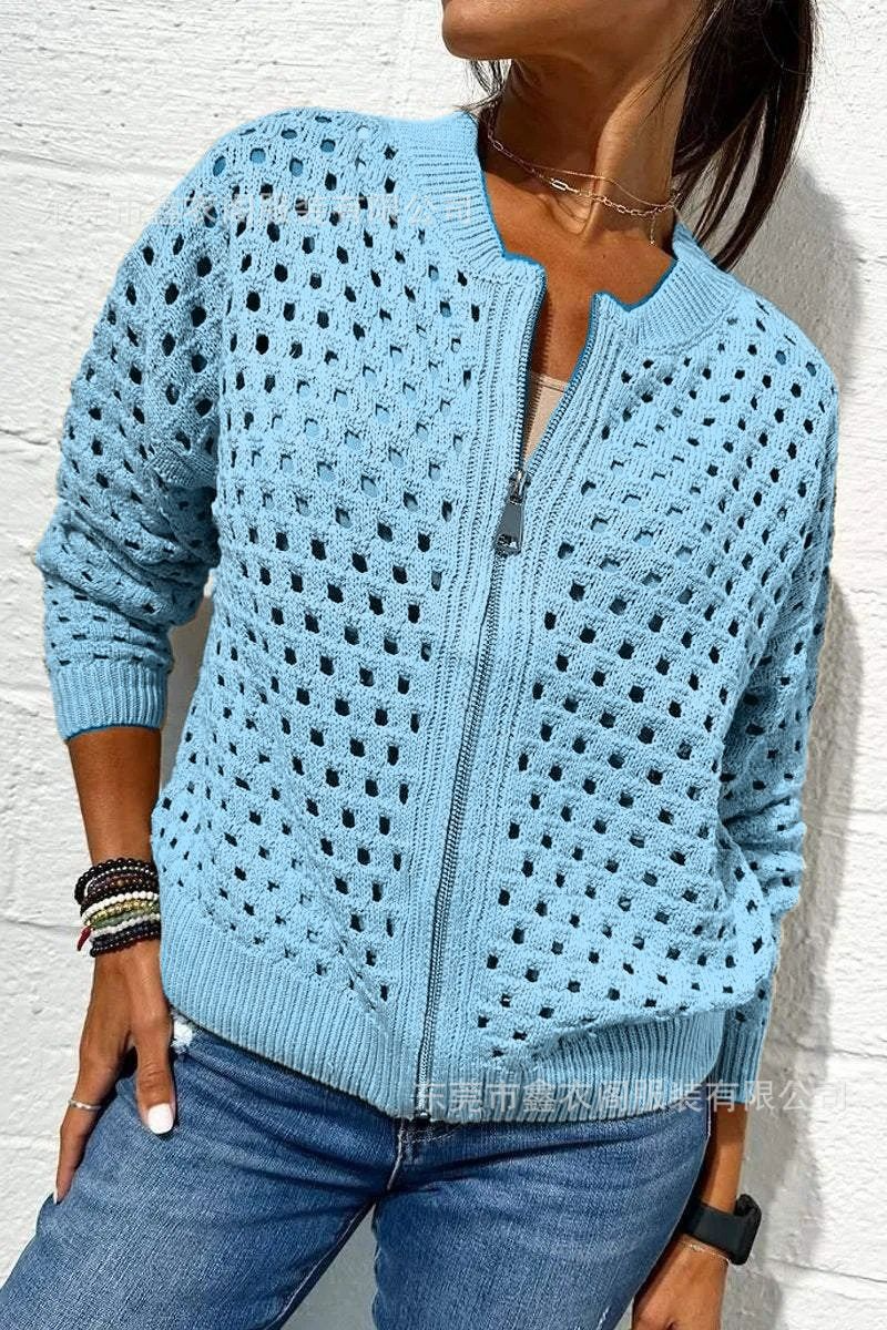 Veste femme en maille – Coupe décontractée – Maille ajourée – Fermeture zippée