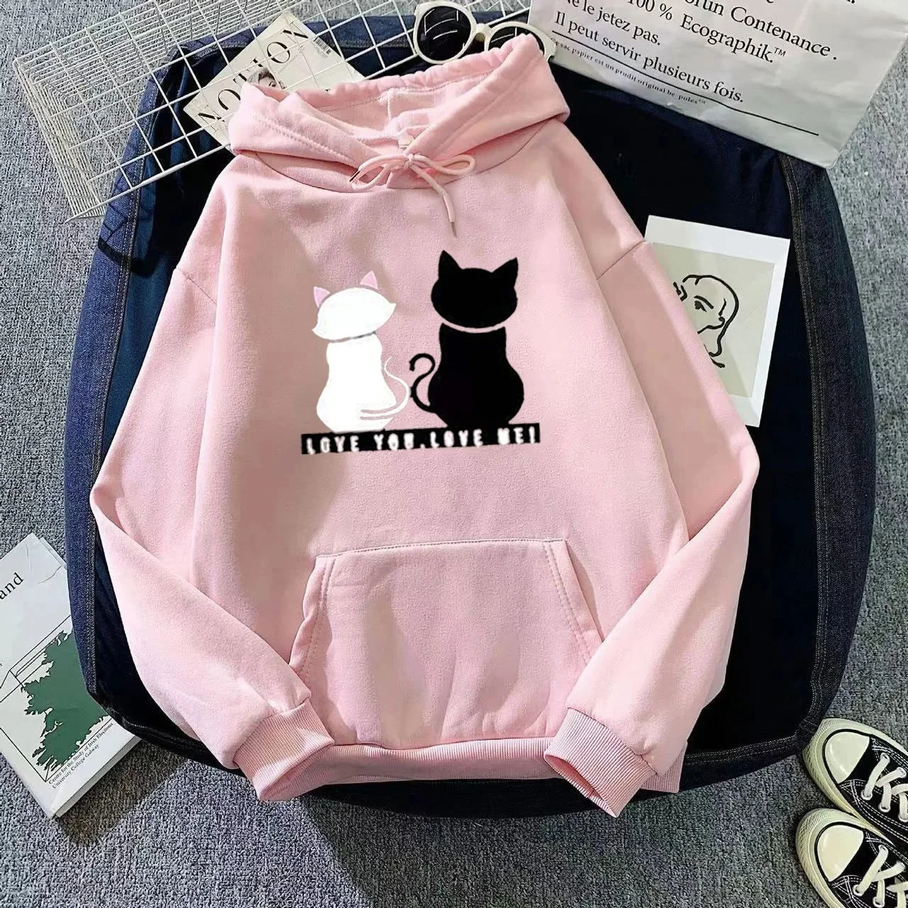 Sweat à capuche femme – Coupe oversize – Polaire douce – Motif chat cartoon