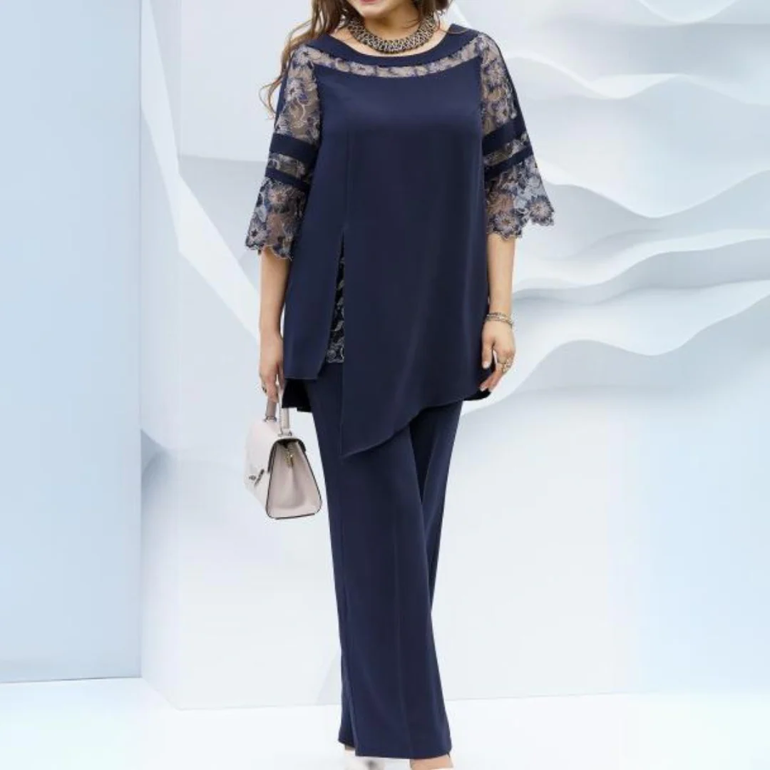 Ensemble Femme Deux Pièces – Tunique Ample Dentelle – Pantalon Long Droit