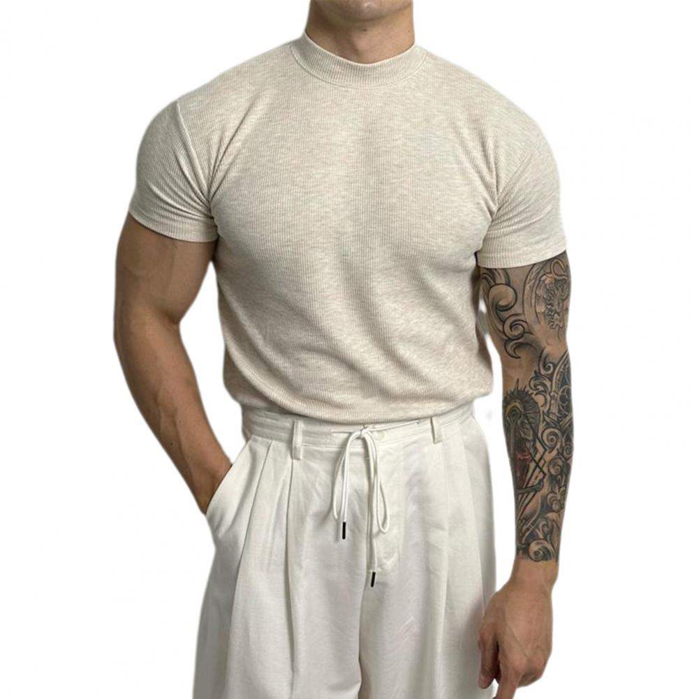 T-shirt Ajusté Homme - Maille Côtelée Respirante - Manches Courtes - Col Montant