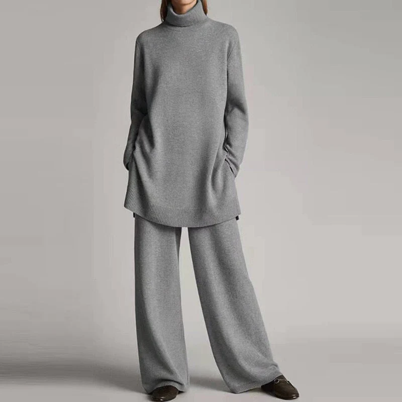 Ensemble loungewear femme – Maille douce – Haut oversize col roulé – Pantalon large