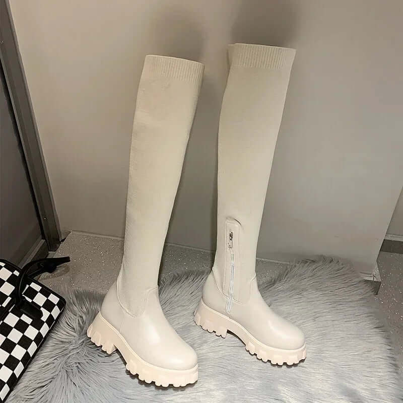 Bottes cuissardes femme – Coupe slim – Tige stretch – Semelle épaisse – Fermeture zippée