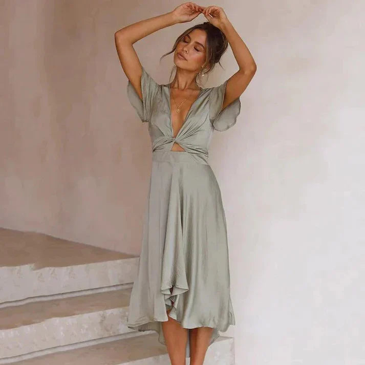 Robe midi femme – Tissu luxueux – Décolleté V – Manches volantées – Ourlet asymétrique