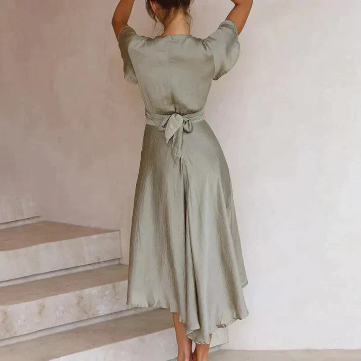 Robe midi femme – Tissu luxueux – Décolleté V – Manches volantées – Ourlet asymétrique
