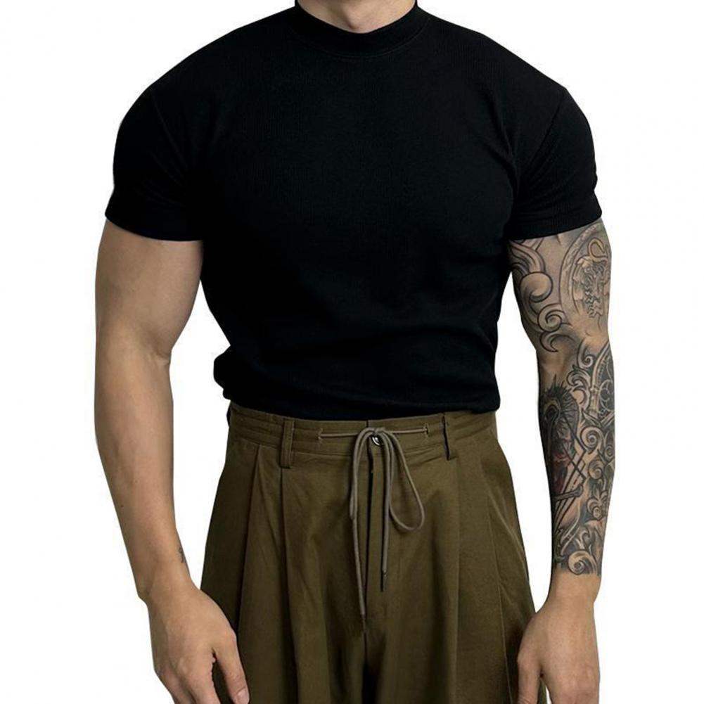 T-shirt Ajusté Homme - Maille Côtelée Respirante - Manches Courtes - Col Montant