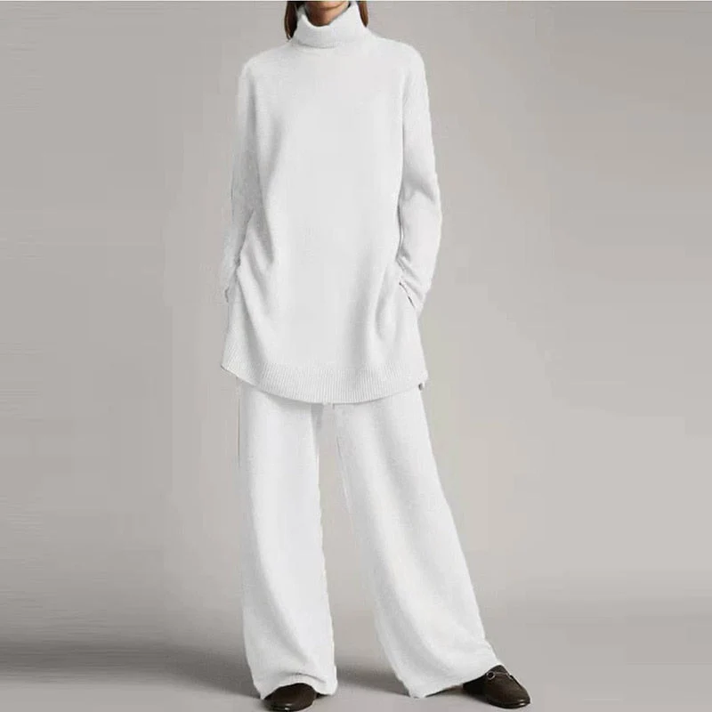 Ensemble loungewear femme – Maille douce – Haut oversize col roulé – Pantalon large