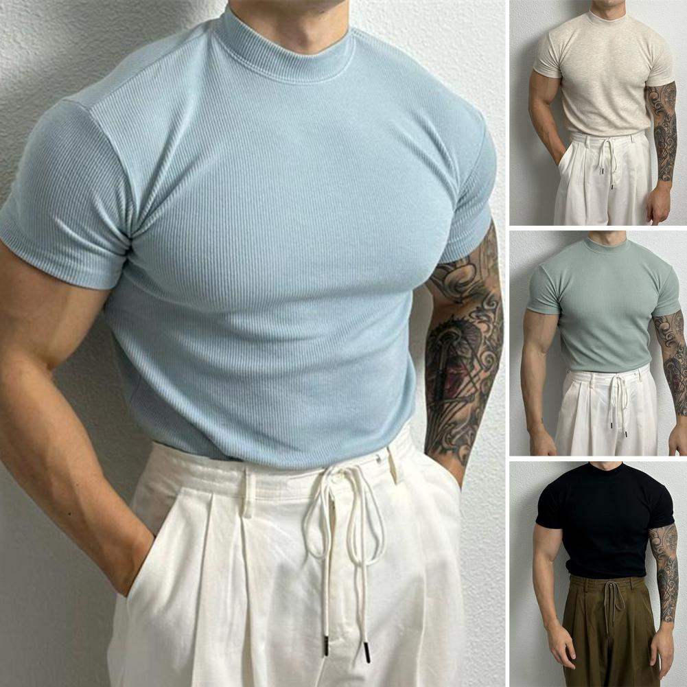 T-shirt Ajusté Homme - Maille Côtelée Respirante - Manches Courtes - Col Montant