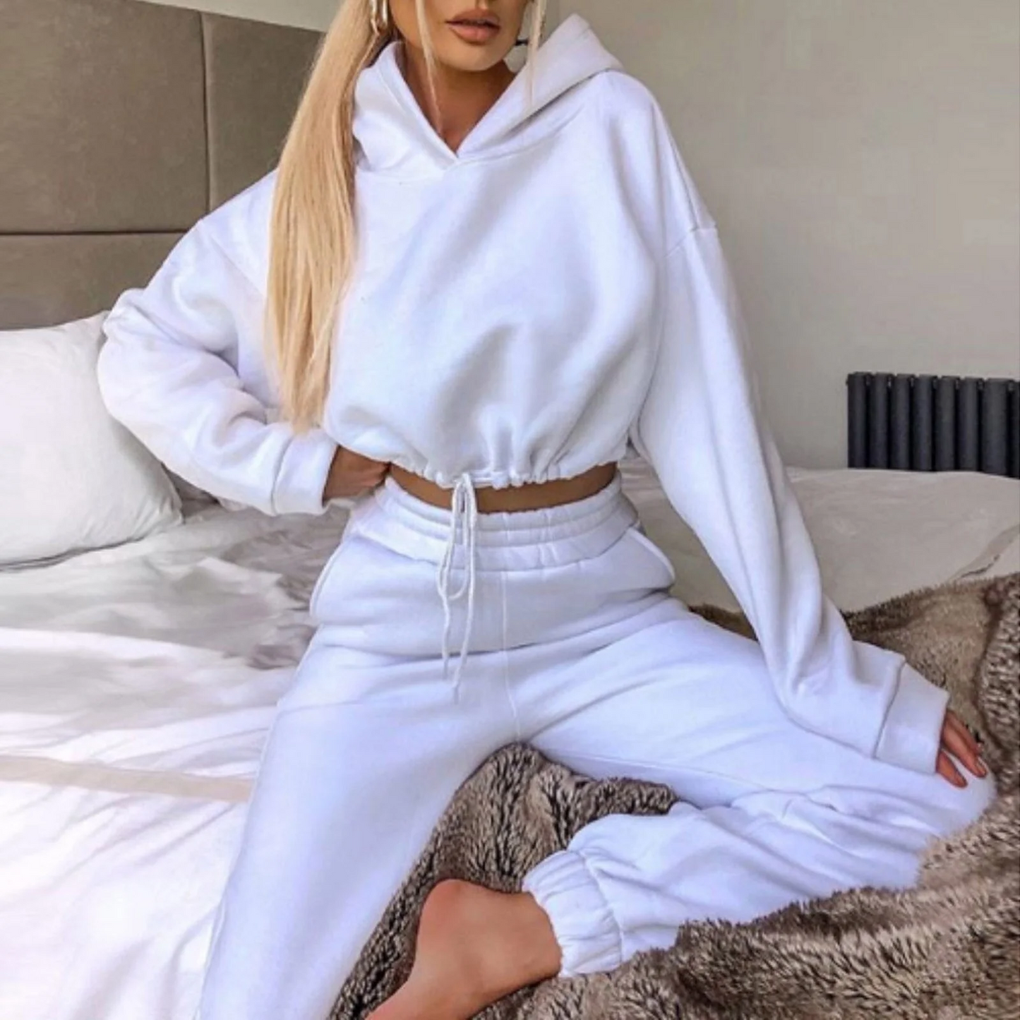 Ensemble de survêtement femme – Hoodie court ample – Jogging taille élastique polaire doux
