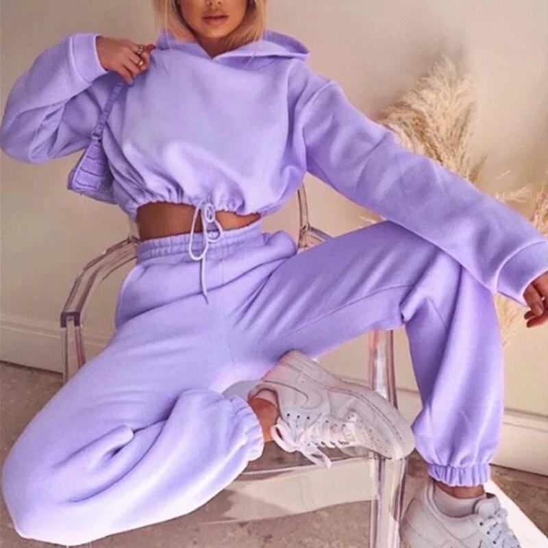 Ensemble de survêtement femme – Hoodie court ample – Jogging taille élastique polaire doux