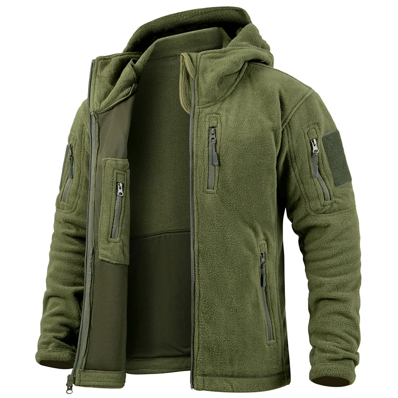 Veste tactique homme – Polaire chaude – Coupe structurée – Capuche – Poches zippées