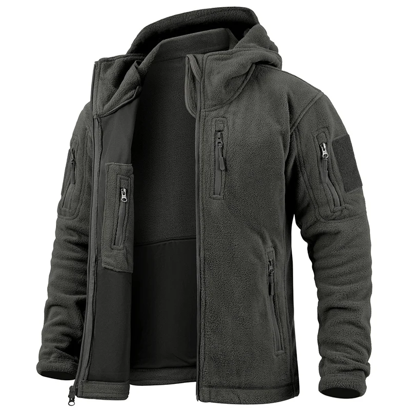 Veste tactique homme – Polaire chaude – Coupe structurée – Capuche – Poches zippées