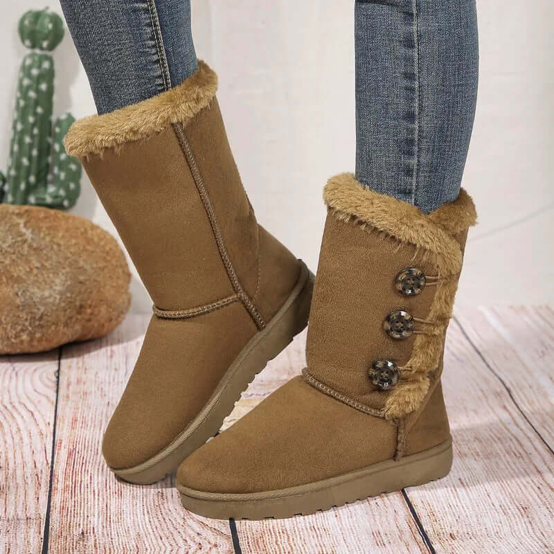 Bottes femme à talon plat – Cuir – Doublure chaude – Coupe mi-mollet décontractée