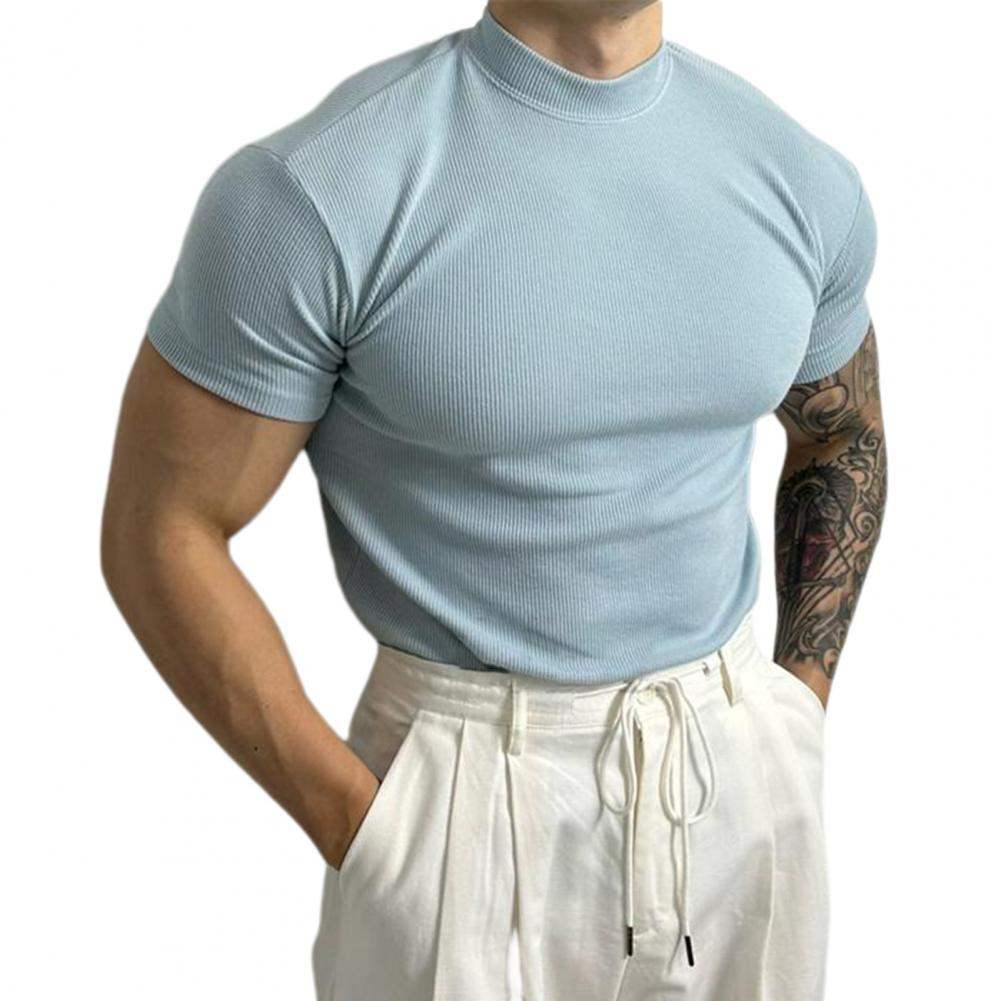 T-shirt Ajusté Homme - Maille Côtelée Respirante - Manches Courtes - Col Montant
