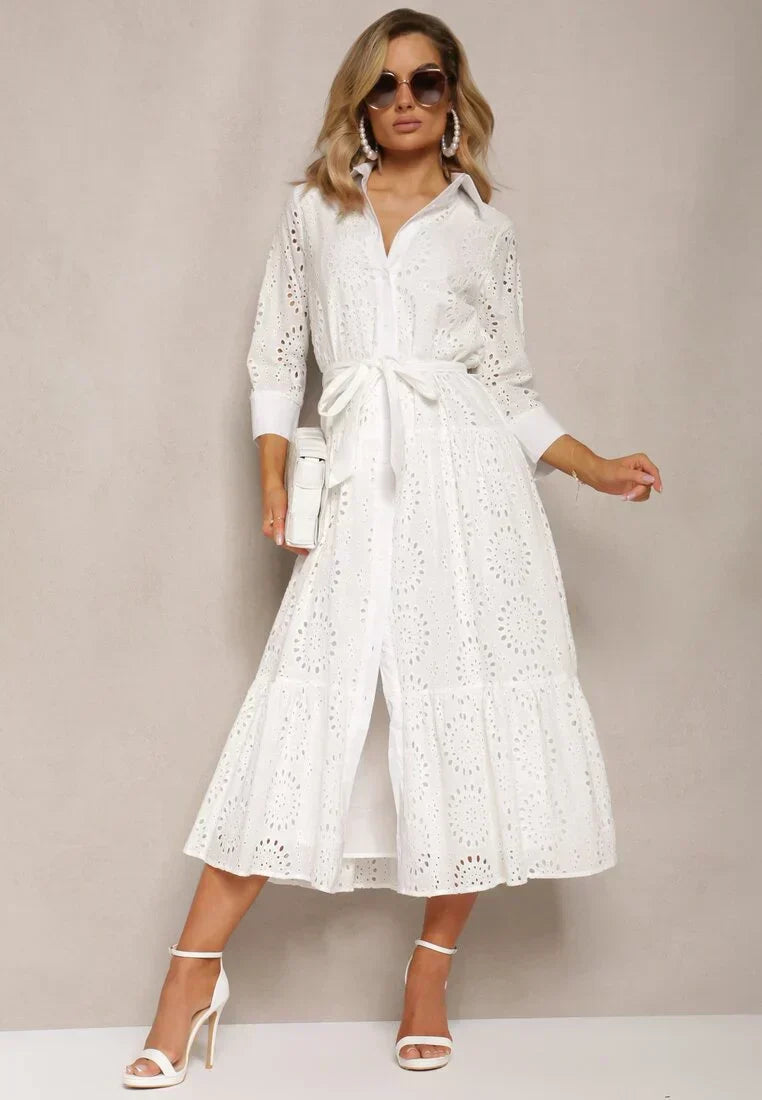 Robe midi femme – Broderie anglaise – Coupe décontractée – Taille ceinturée – Boutonnée