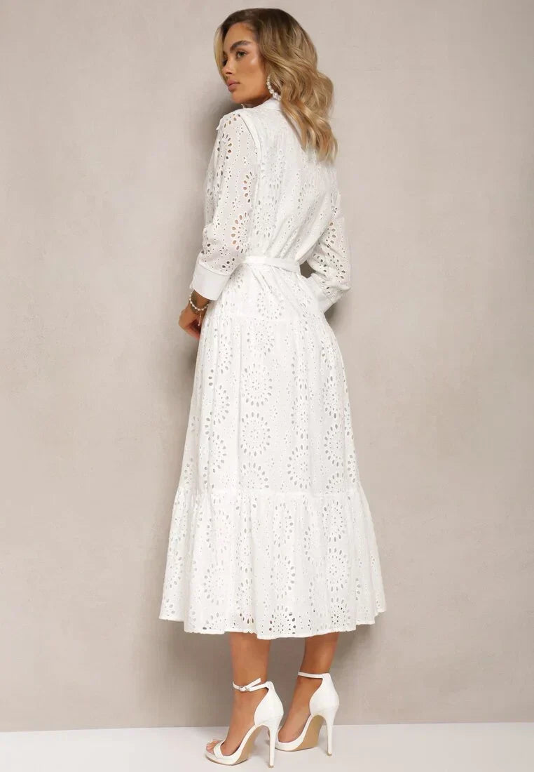 Robe midi femme – Broderie anglaise – Coupe décontractée – Taille ceinturée – Boutonnée