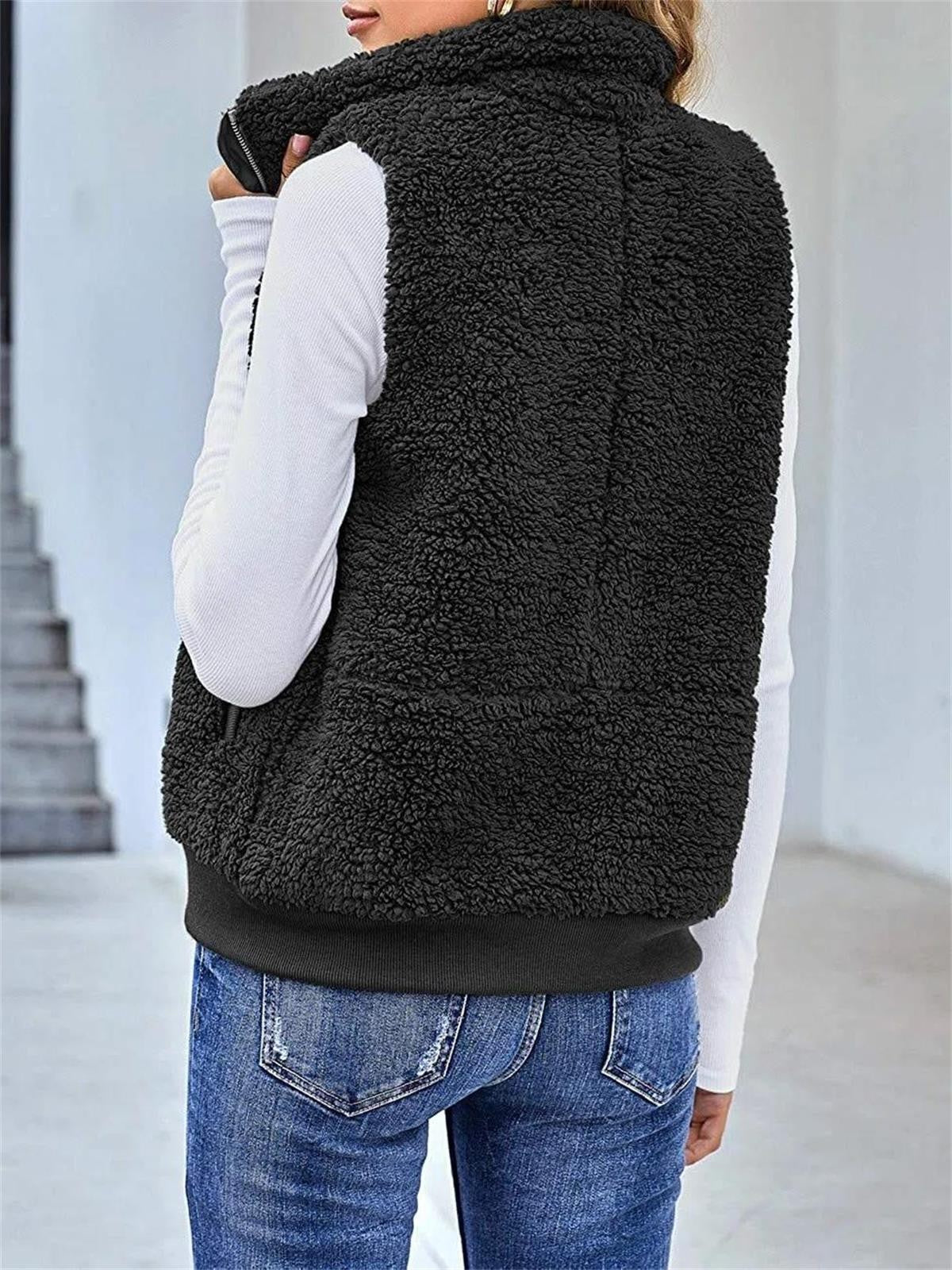 Veste sans manches femme – Coupe décontractée – Tissu doux chaud – Col montant zippé