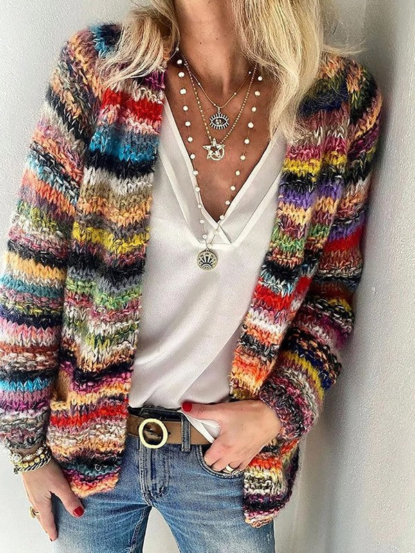 Cardigan femme – Coupe décontractée – Maille épaisse douce – Ouverture sans fermeture – Motif rayé texturé