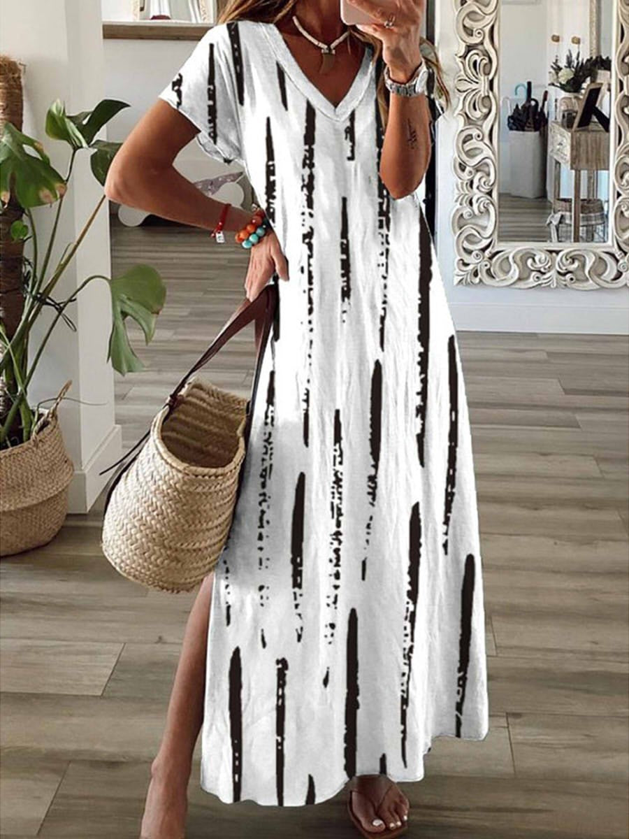 Robe longue femme – Tissu respirant – Coupe fluide – Manches courtes – Rayée – Col V