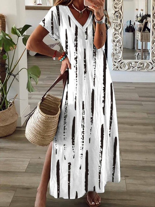 Robe longue femme – Tissu respirant – Coupe fluide – Manches courtes – Rayée – Col V