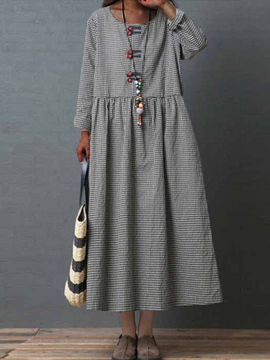Robe longue femme – Fibres naturelles – Manches longues – Coupe évasée – Taille froncée