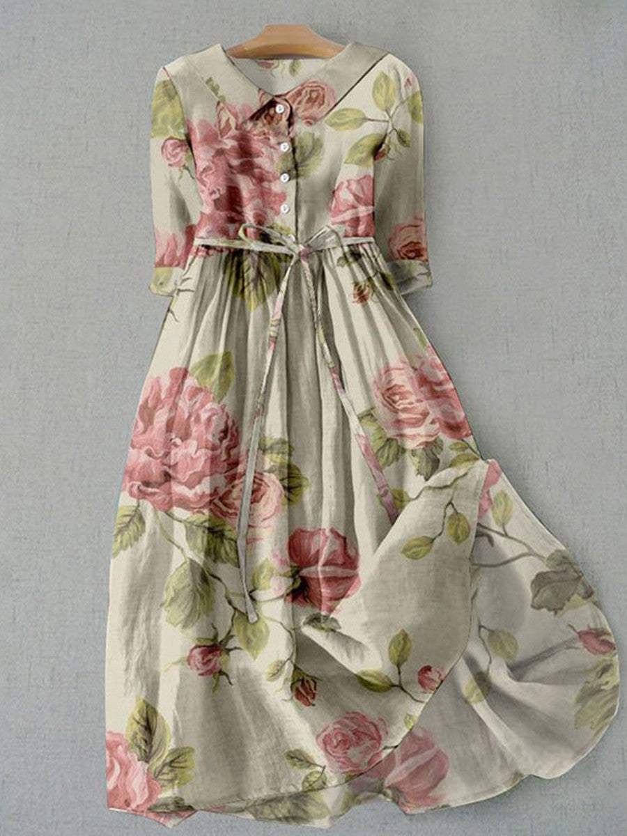 Robe midi femme – Coupe évasée – Motif fleuri vintage – Manches 3/4 – Taille ceinturée