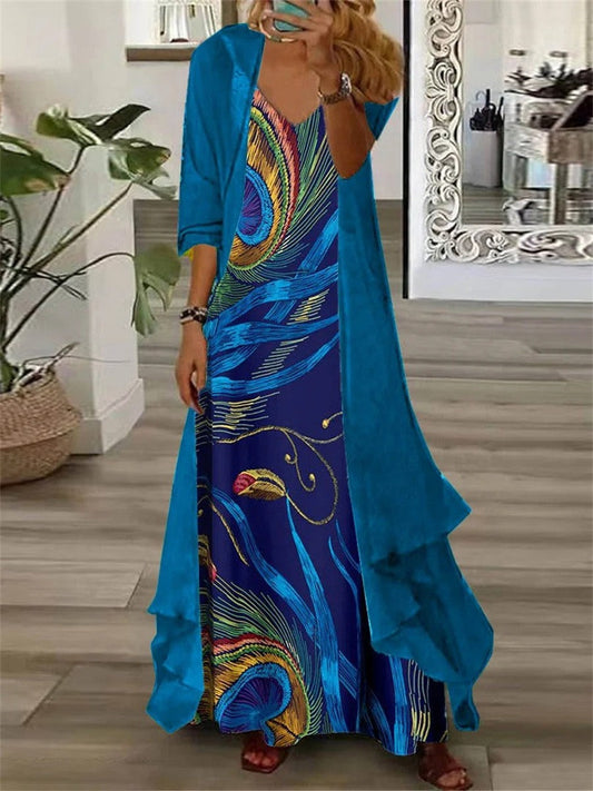 Robe longue femme – Coupe fluide – Tissu respirant – Imprimé – Ensemble deux pièces