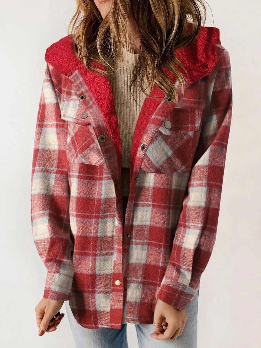 Veste Surchemise Femme – Coupe Décontractée – Doublure Molletonnée – Motif Carreaux – Capuche