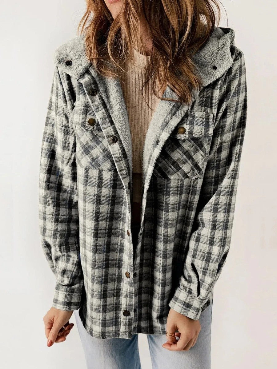 Veste Surchemise Femme – Coupe Décontractée – Doublure Molletonnée – Motif Carreaux – Capuche