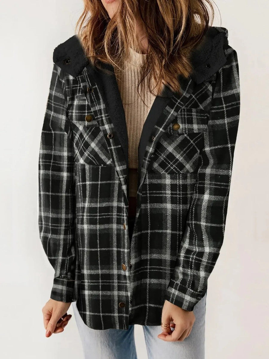 Veste Surchemise Femme – Coupe Décontractée – Doublure Molletonnée – Motif Carreaux – Capuche