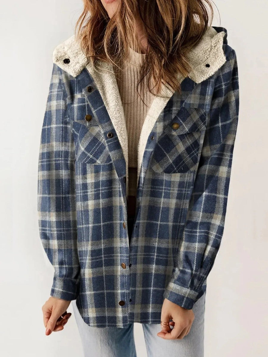 Veste Surchemise Femme – Coupe Décontractée – Doublure Molletonnée – Motif Carreaux – Capuche