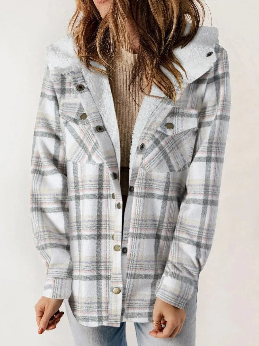 Veste Surchemise Femme – Coupe Décontractée – Doublure Molletonnée – Motif Carreaux – Capuche