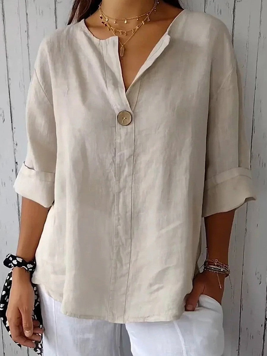 Blouse femme – Coupe décontractée – Fibres naturelles – Manches 3/4 – Col V