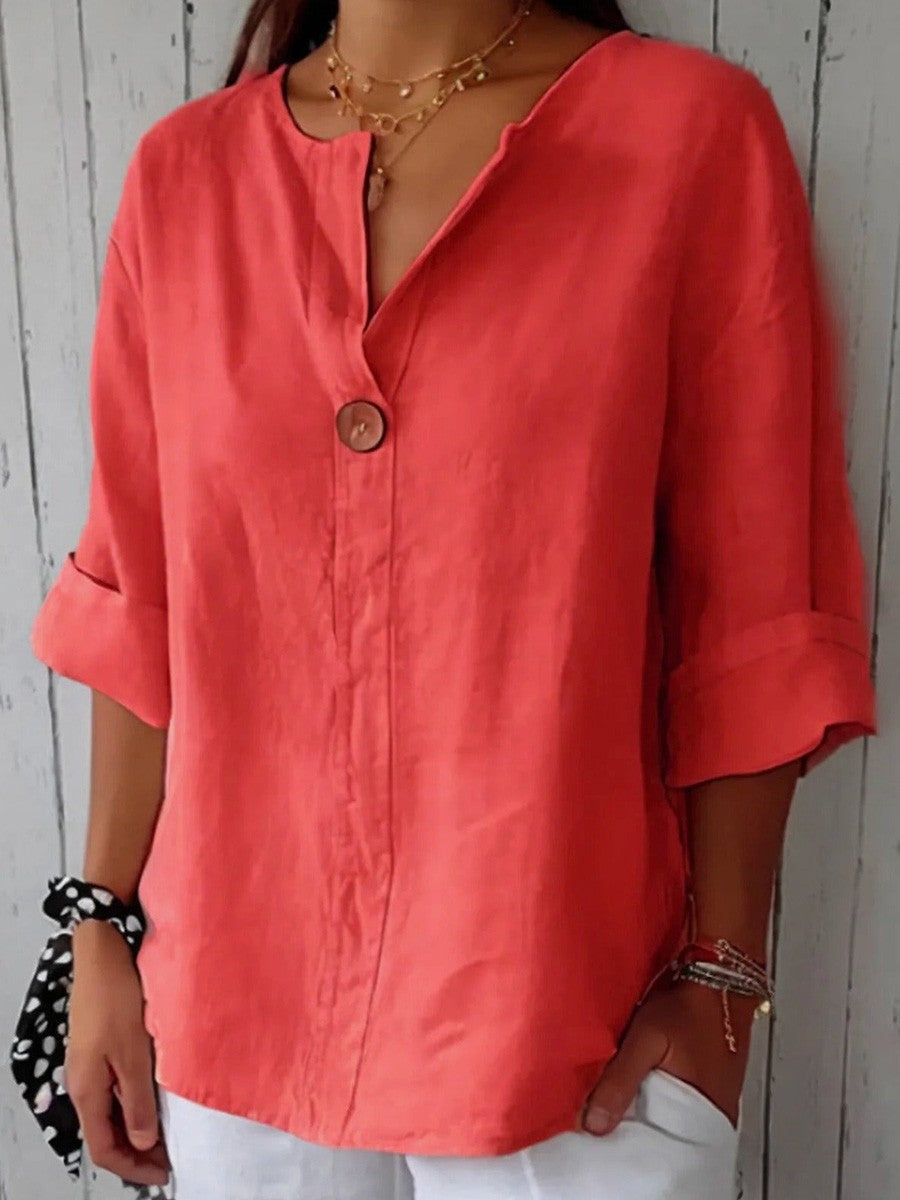 Blouse femme – Coupe décontractée – Fibres naturelles – Manches 3/4 – Col V