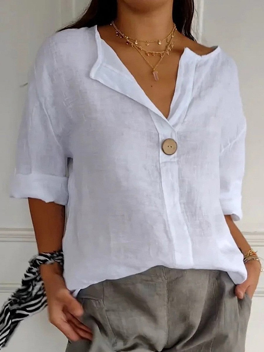 Blouse femme – Coupe décontractée – Fibres naturelles – Manches 3/4 – Col V