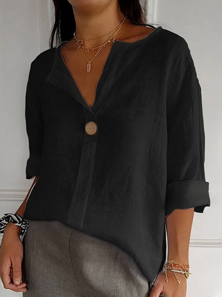 Blouse femme – Coupe décontractée – Fibres naturelles – Manches 3/4 – Col V
