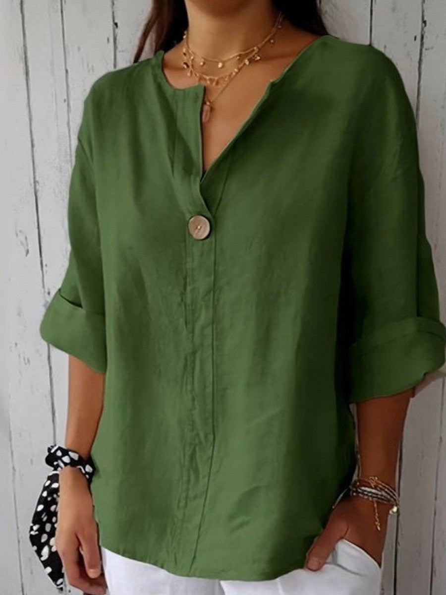 Blouse femme – Coupe décontractée – Fibres naturelles – Manches 3/4 – Col V