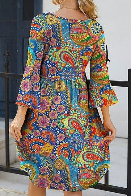 Robe mini femme – Coupe évasée – Tissu respirant – Imprimé cachemire – Manches 3/4